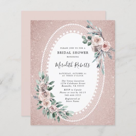 Budget Rosen Glitzer Brautdusche Einladung (Vorne/Hinten)