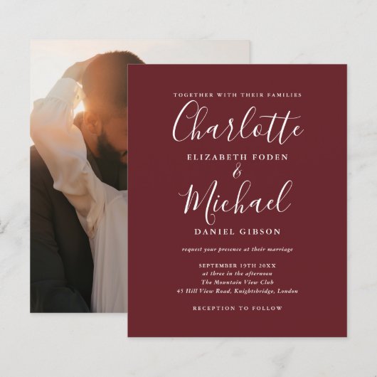 Budget Rosewood Pink Foto Hochzeit Einladung (Vorne/Hinten)