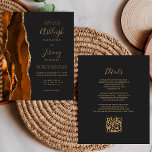 Budget Rost Gold Dunkle QR Code Einladung Hochzeit<br><div class="desc">Rett die Kosten für das Drucken und Verschicken separater RSVP-Karten mit dieser eleganten, modernen All-in-One-Hochzeitseinladung. Die links Kante besteht aus einem gelb-orangen und rostfarbenen Wasserfarbstreifen, der mit goldenen Imitaten Glitzer bestickt ist. Der anpassbare Text kombiniert goldfarbene Handschrift, Copperplate und kursiv Schriftart auf schwarzem Schieferboden. Die Rückseite bietet Platz für Hochzeitsdetails...</div>