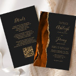 Budget Rost Gold Dunkle QR Code Einladung Hochzeit<br><div class="desc">Rett die Kosten für das Drucken und Verschicken separater RSVP-Karten mit dieser eleganten, modernen All-in-One-Hochzeitseinladung. Die links Kante besteht aus einem gelb-orangen und rostfarbenen Wasserfarbstreifen, der mit goldenen Imitaten Glitzer bestickt ist. Der anpassbare Text kombiniert goldfarbene Handschrift, Copperplate und kursiv Schriftart auf schwarzem Schieferboden. Die Rückseite bietet Platz für Hochzeitsdetails...</div>