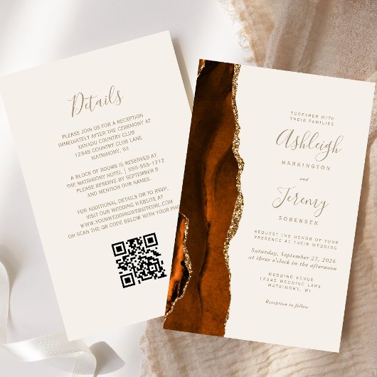 Budget Rost Gold Elfenbein QR Code Einladung Hochz