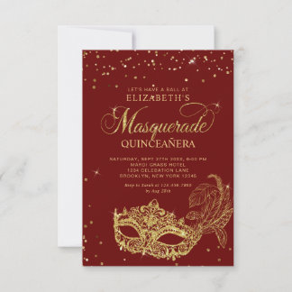BUDGET Rot Gold Maskenball Quinceañera Foto Mitteilungskarte