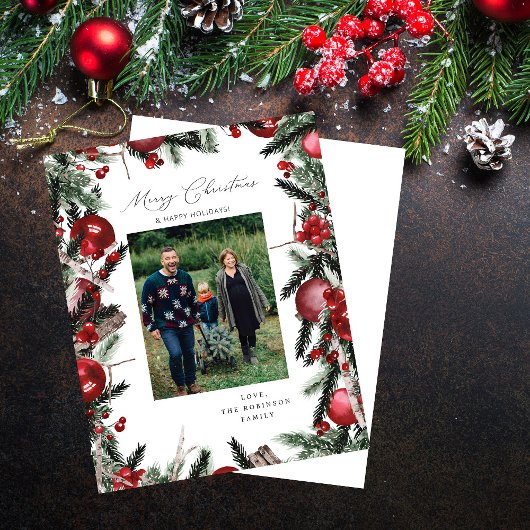 Budget Rote Ornamente & Pine Frohe Weihnachten Fot