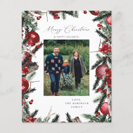 Budget Rote Ornamente & Pine Frohe Weihnachten Fot Flyer (Vorne)