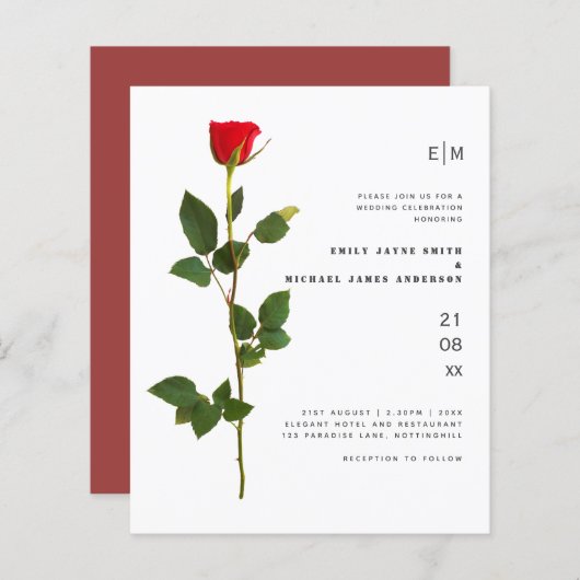 Budget Rote Rose Moderne Einladungen für Hochzeite (Vorne/Hinten)