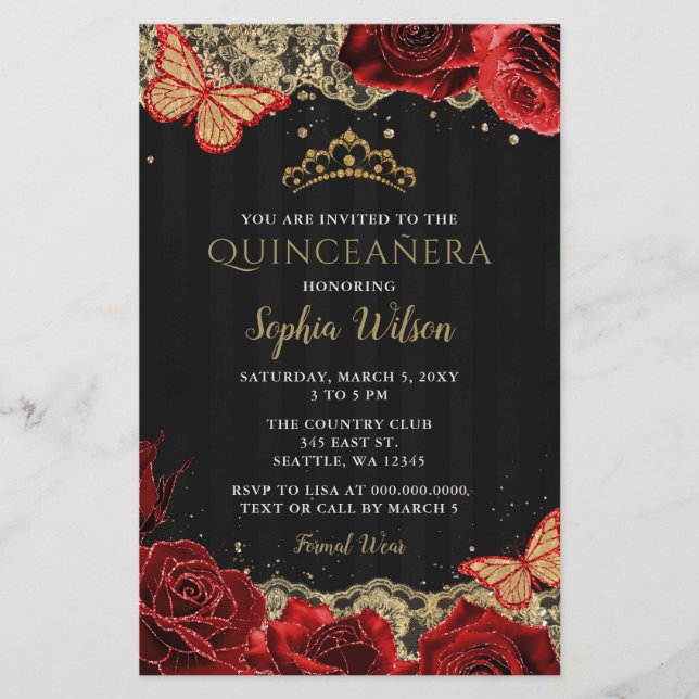 Budget Rote Rosen Black Gold Quinceañera Einladung (Vorderseite)