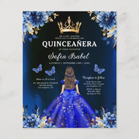 Budget Royal Blue Bilingual Spanish Quinceanera Flyer (Vorne)
