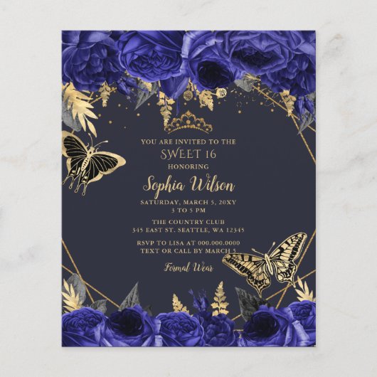 Budget Royal Blue Butterfly Sweet 16 Einladung (Vorderseite)