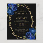 Budget Royal Blue Floral QR Code Black Wedding (Vorderseite)
