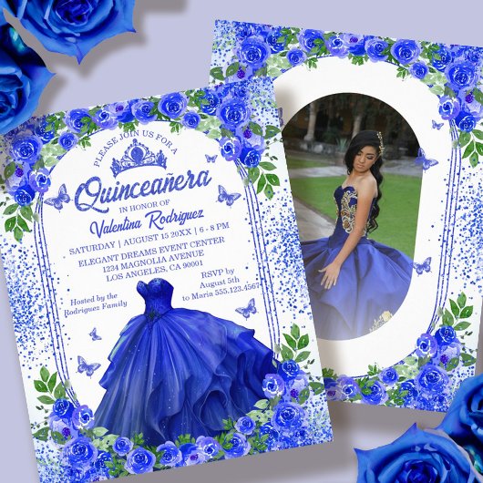 Budget Royal Blue Floral Quinceanera Einladung Flyer