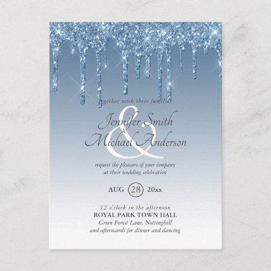 Budget Royal Blue Glitzer Dripping WEDING INVITE Postkarte (Vorderseite)