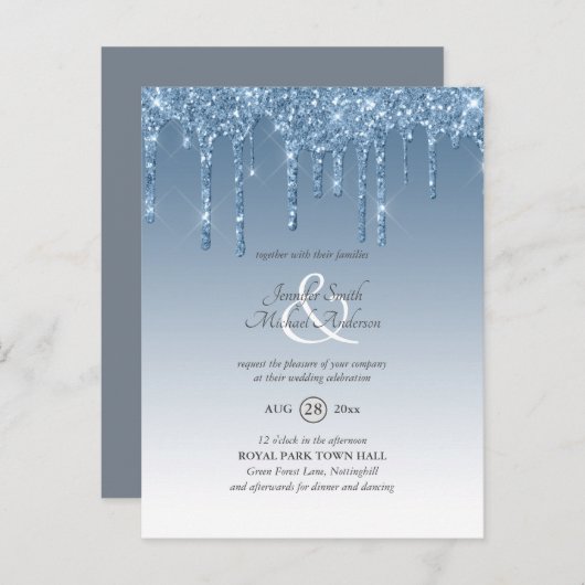 Budget Royal Blue Glitzer Dripping WEDING INVITE Postkarte (Vorne/Hinten)