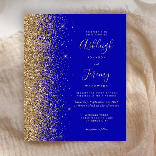 Budget Royal Blue Gold Glitzer Hochzeit Einladung