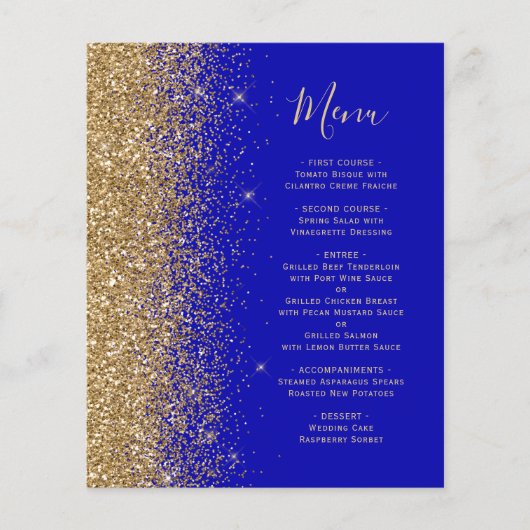Budget Royal Blue Gold Glitzer Wedding Menu (Vorderseite)