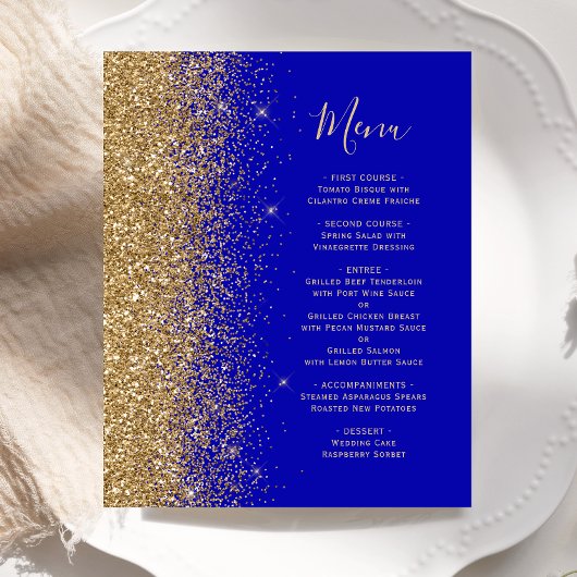 Budget Royal Blue Gold Glitzer Wedding Menu