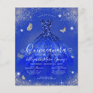 Budget Royal Blue Gold Gown Quinceanera Einladung