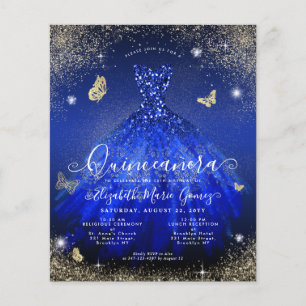 Budget Royal Blue Gold Gown Quinceanera Einladung
