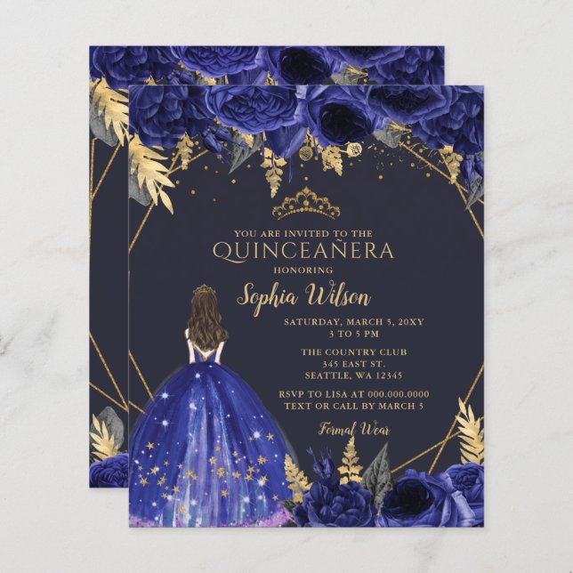 Budget Royal Blue Princess Quinceañera Einladung (Vorne/Hinten)