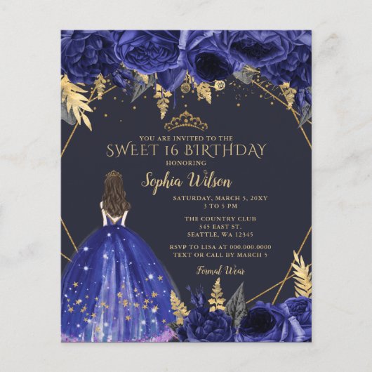 Budget Royal Blue Princess Sweet 16 Einladung (Vorderseite)