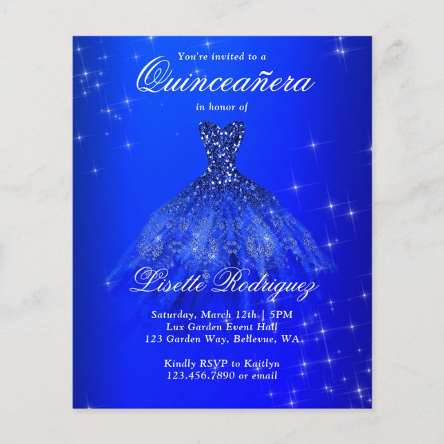 Budget Royal Blue Quinceanera Einladung (Vorderseite)