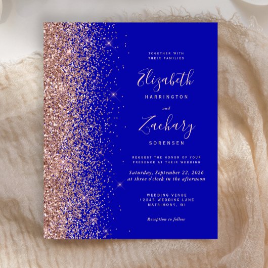 Budget Royal Blue Rose Gold Glitzer Hochzeit Einla