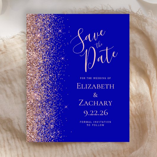 Budget Royal Blue Rose Gold Glitzer Save the Date