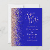 Budget Royal Blue Rose Gold Glitzer Save the Date (Vorderseite)