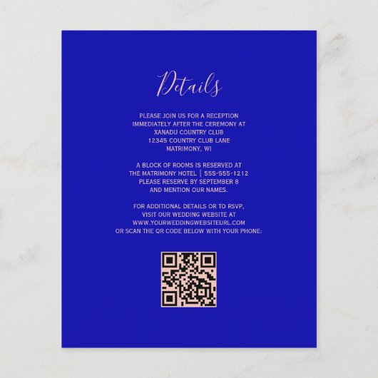 Budget Royal Blue Rose Gold QR Code Hochzeit (Rückseite)