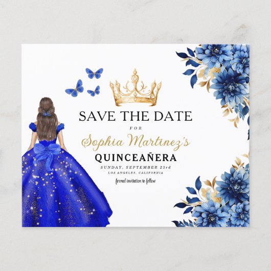 Budget Royal Blue Save the Date Quinceanera (Vorderseite)