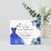 Budget Royal Blue Save the Date Quinceanera (Stehend Vorderseite)