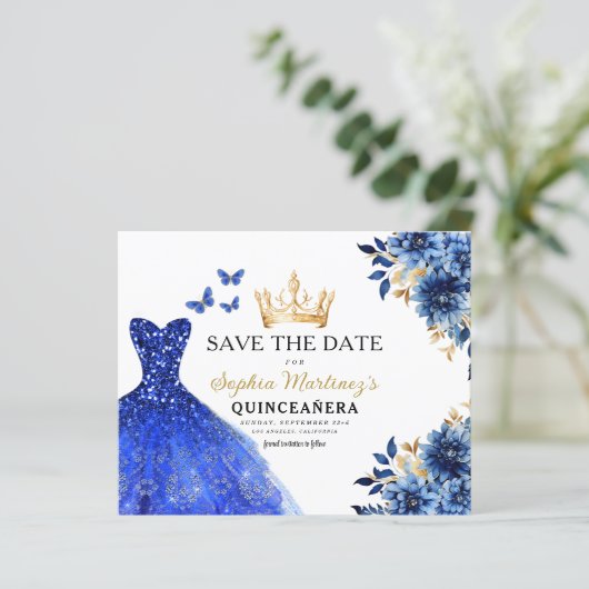 Budget Royal Blue Save the Date Quinceanera (Stehend Vorderseite)