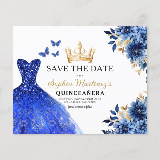 Budget Royal Blue Save the Date Quinceanera Flyer (Vorne)