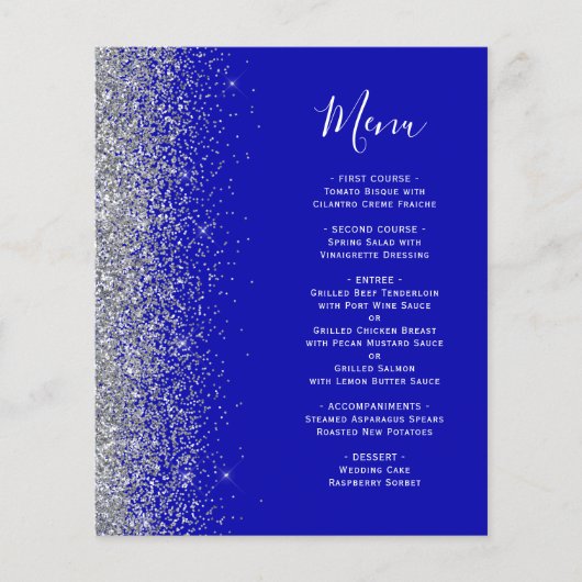 Budget Royal Blue Silver Glitzer Edge Wedding Menu (Vorderseite)