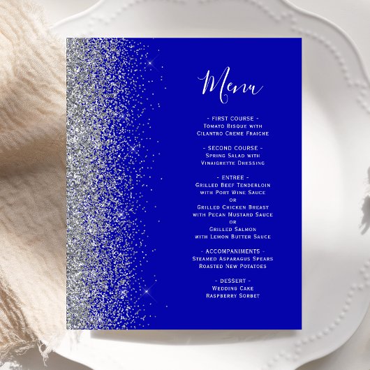 Budget Royal Blue Silver Glitzer Edge Wedding Menu