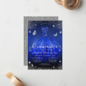 Budget Royal Blue Silver Glitzer Gown Quinceanera Mitteilungskarte (Vorderseite/Rückseite Beispiel)