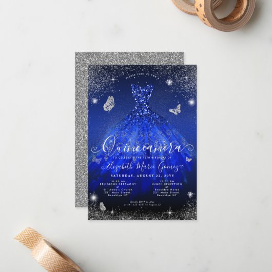 Budget Royal Blue Silver Glitzer Gown Quinceanera Mitteilungskarte (Vorderseite/Rückseite Beispiel)