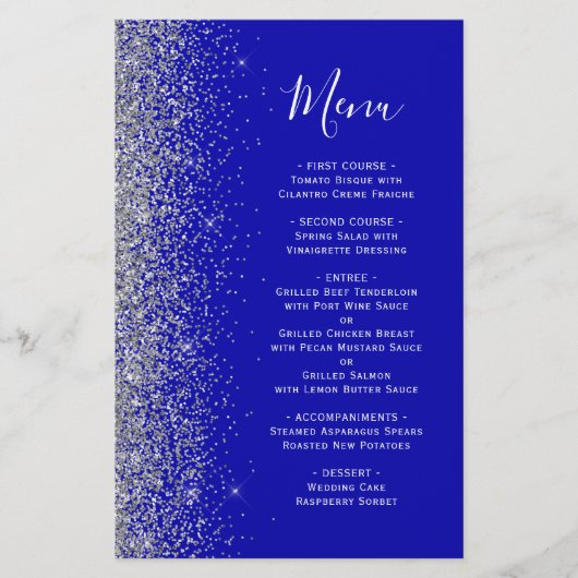 Budget Royal Blue Silver Glitzer Wedding Menu (Vorderseite)