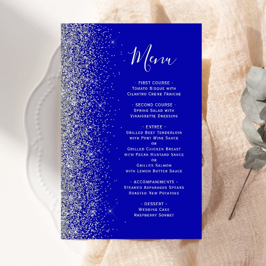 Budget Royal Blue Silver Glitzer Wedding Menu