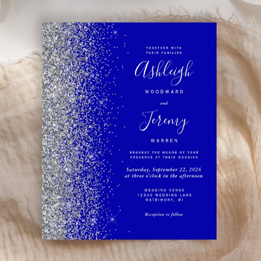 Budget Royal Blue Silver Glitzer Wedite Einladung