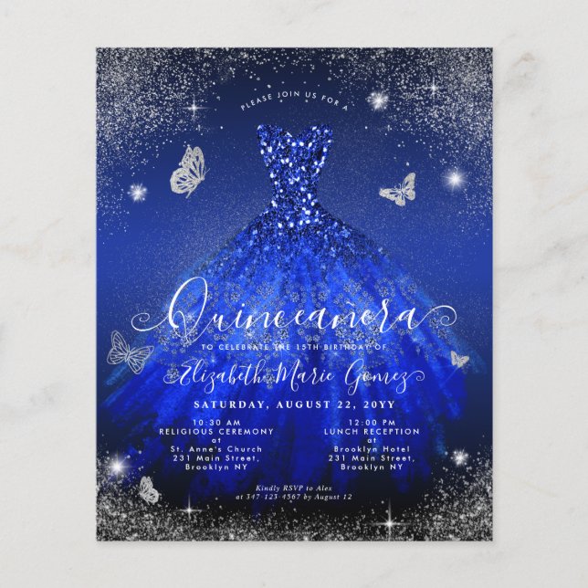 Budget Royal Blue Silver Gown Quinceanera Einladun (Vorderseite)
