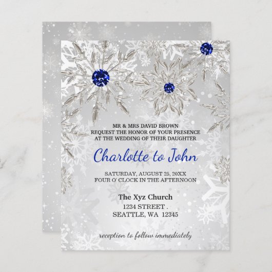 Budget Royal Blue Snowflakes Einladung Hochzeit (Vorne/Hinten)