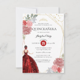 Budget Ruby Red Floral Geometric Quinceañera Mitteilungskarte