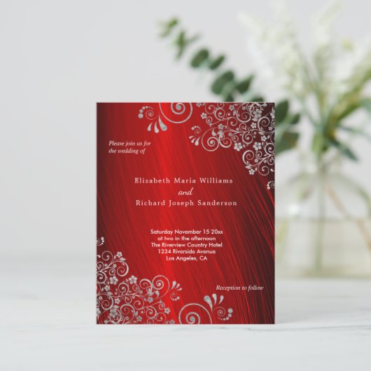 Budget Ruby Red Gray Wirbel Hochzeit Einladung (Stehend Vorderseite)