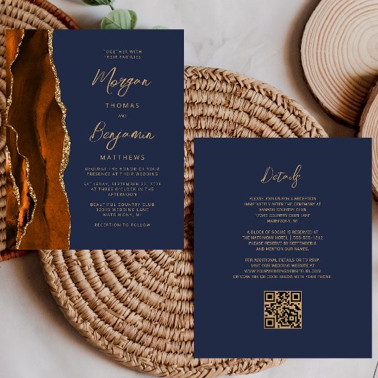 Budget Rust Agate Navy Blue QR Code Hochzeit einla
