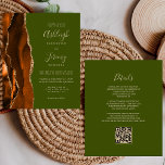 Budget Rust Agate Olive QR Code Wedite<br><div class="desc">Rett die Kosten für das Drucken und Verschicken separater RSVP-Karten mit dieser eleganten, modernen All-in-One-Hochzeitseinladung. Die links Kante besteht aus einem gelb-orangen und rostfarbenen Wasserfarbstreifen, der mit goldenen Imitaten Glitzer bestickt ist. Der anpassbare Text kombiniert Handschrift, Copperplate und kursiv Schriftart auf einem olivgrünen Hintergrund. Die Rückseite bietet Platz für Hochzeitsdetails...</div>