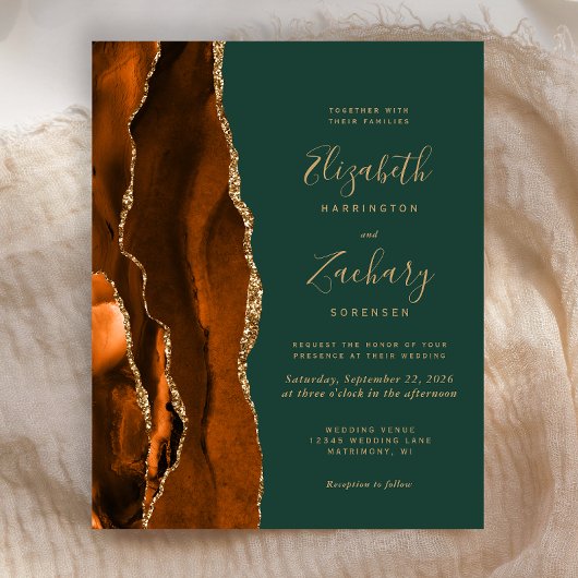 Budget Rust Dark Green Agate Hochzeitseinladung