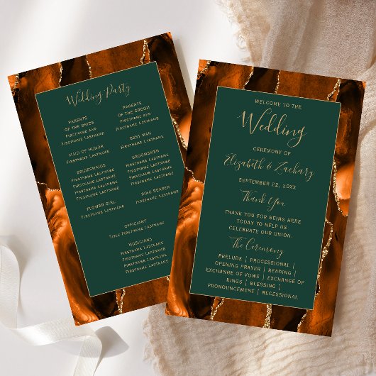 Budget Rust Gold Agate Green Wedding Program
