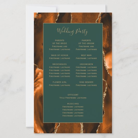 Budget Rust Gold Agate Green Wedding Program (Rückseite)