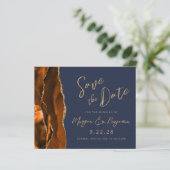 Budget Rust Gold Agate Navy Blue Save the Date (Stehend Vorderseite)