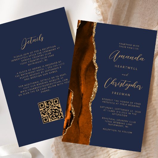 Budget Rust Gold Agate Navy QR Code Hochzeit